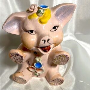 Vintage Pink Ceramic Piggy Bank Hand Painted With Applied Flowers Gold On Feet